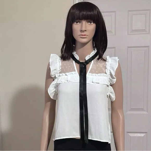 Fashion Nova White and Black Blouse Tie Neck Ruffle Sleeve Women’s Size XSmall - Picture 1 of 11